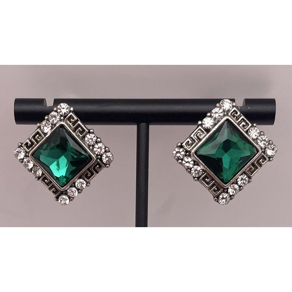 Elegant Emerald Green Clear Rhinestone Greek Key Silvertone Earrings